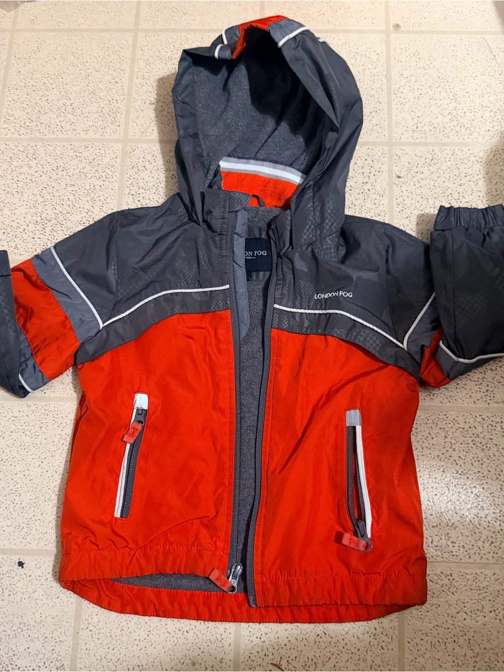 London Fog Kids Red and Gray Hooded Rain Jacket with Reflective Trim